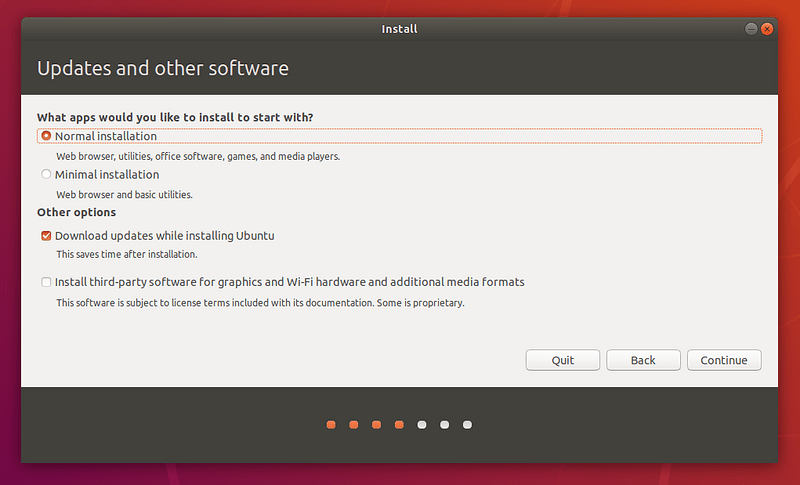 Select install size, updates and third part software