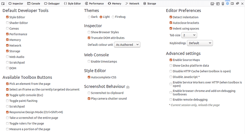 The developer tools configuration page