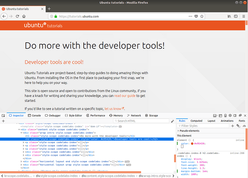 The web page after editing in the inspector