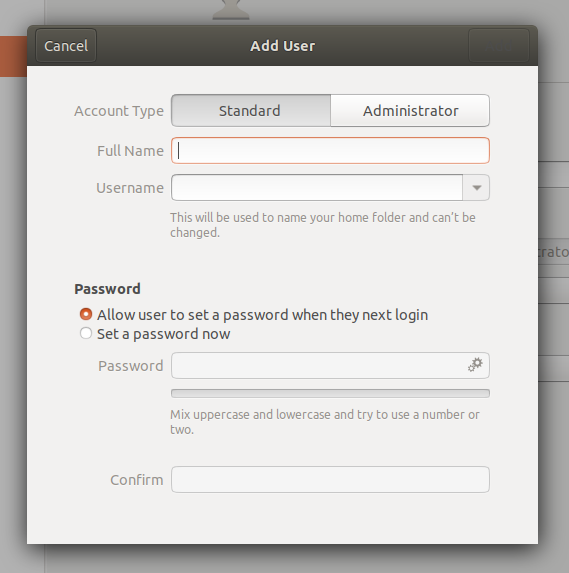 Ubuntu 18.04 add user dialog