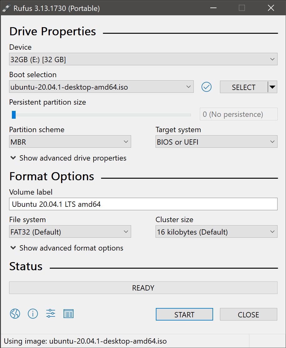 configuring rufus usb tool